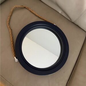 Nautical Blue Round Wall Mirror with Rope Hanger
